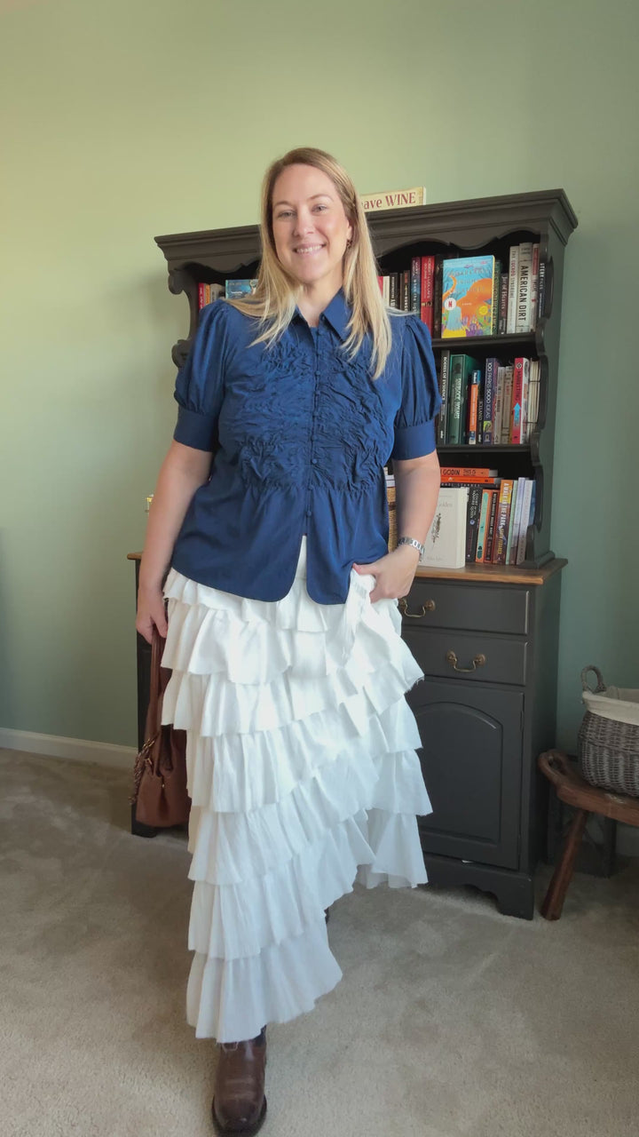 Ruched Front Button Up Blouse in Navy
