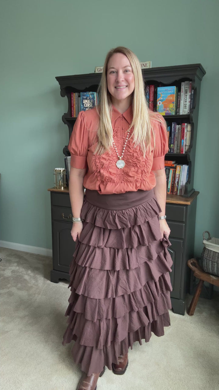 Tiers Of Delicate Ruffles Maxi Skirt in Chocolate