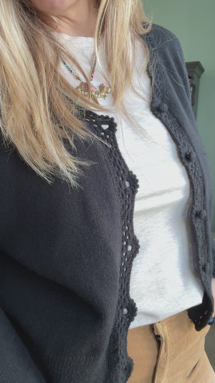 Lace Trimmed Button Front Cardigan in Black