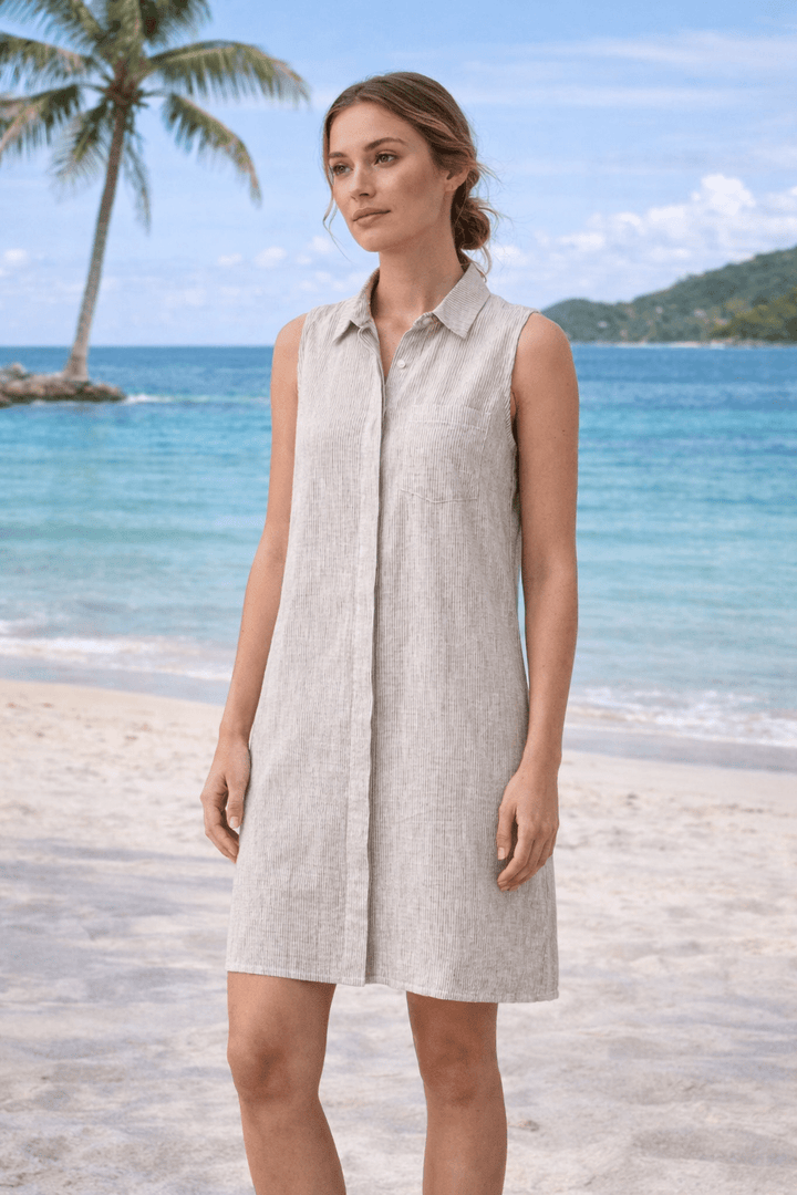 Reef Point Dress - White Olive Grove Stripe - 22 Palms Boutique