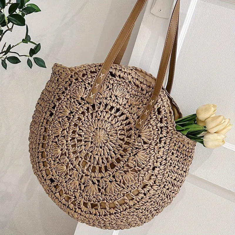 Round Crochet Knit Casual Tote Bag, Khaki - 22 Palms Boutique