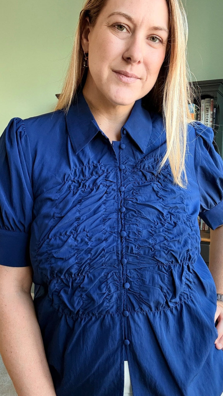 Ruched Front Button Up Blouse in Navy - 22 Palms Boutique