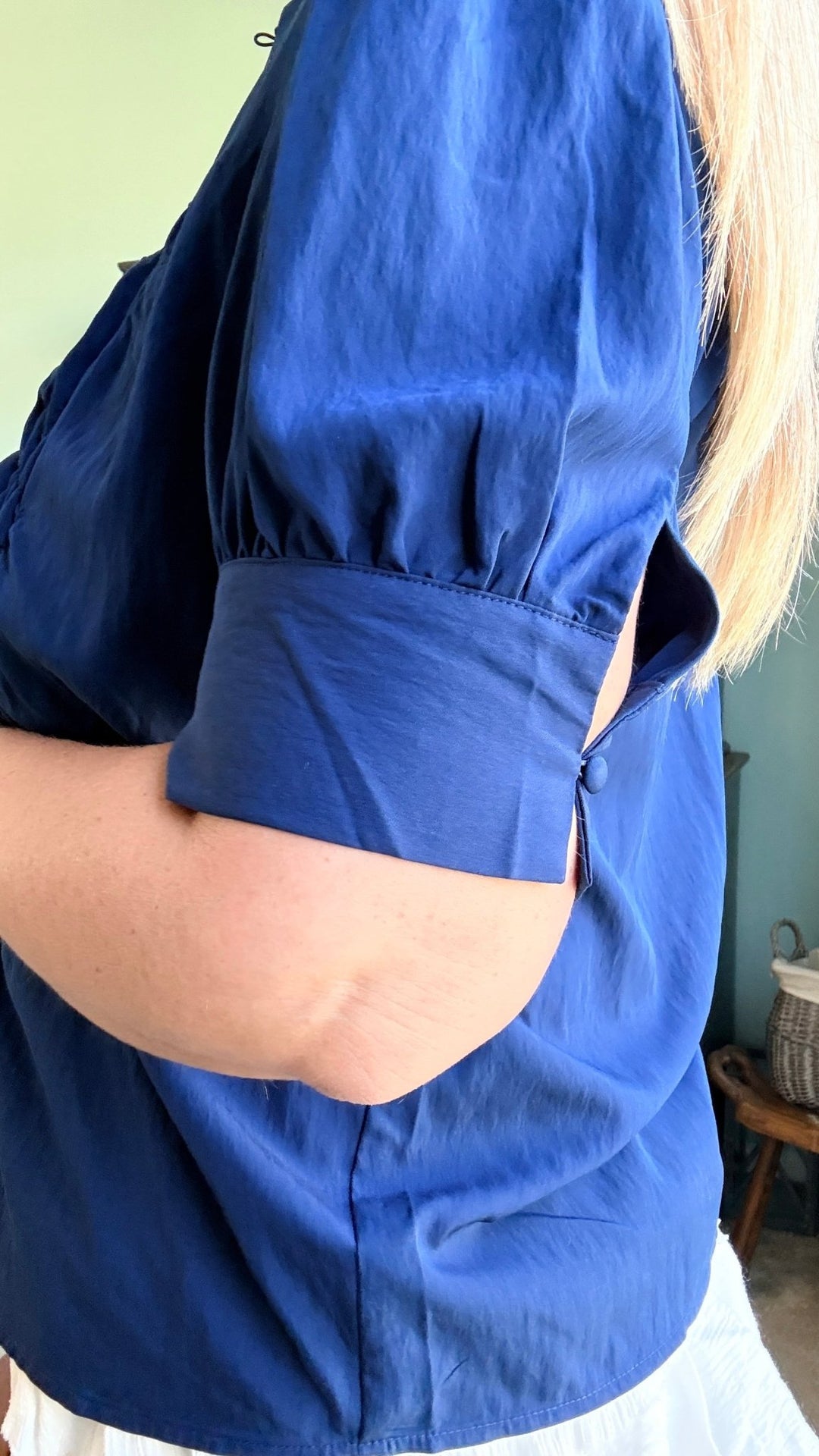 Ruched Front Button Up Blouse in Navy - 22 Palms Boutique