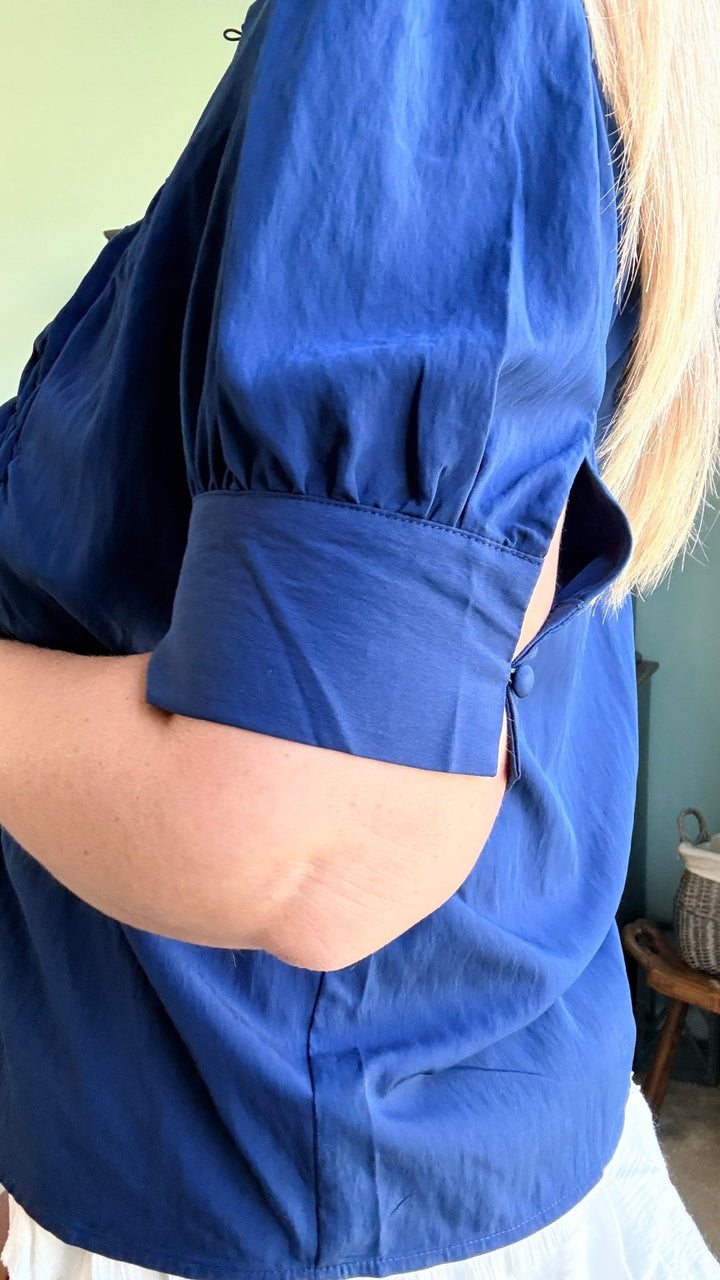 Ruched Front Button Up Blouse in Navy - 22 Palms Boutique