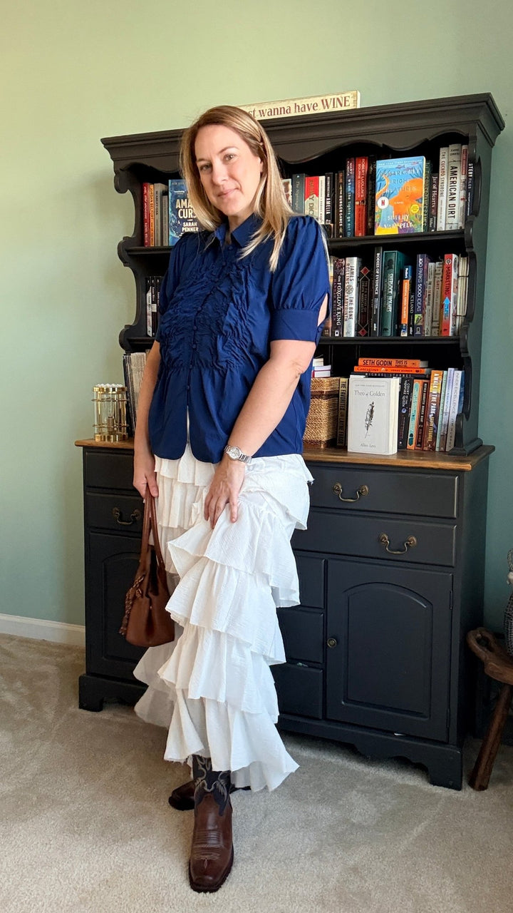Ruched Front Button Up Blouse in Navy - 22 Palms Boutique
