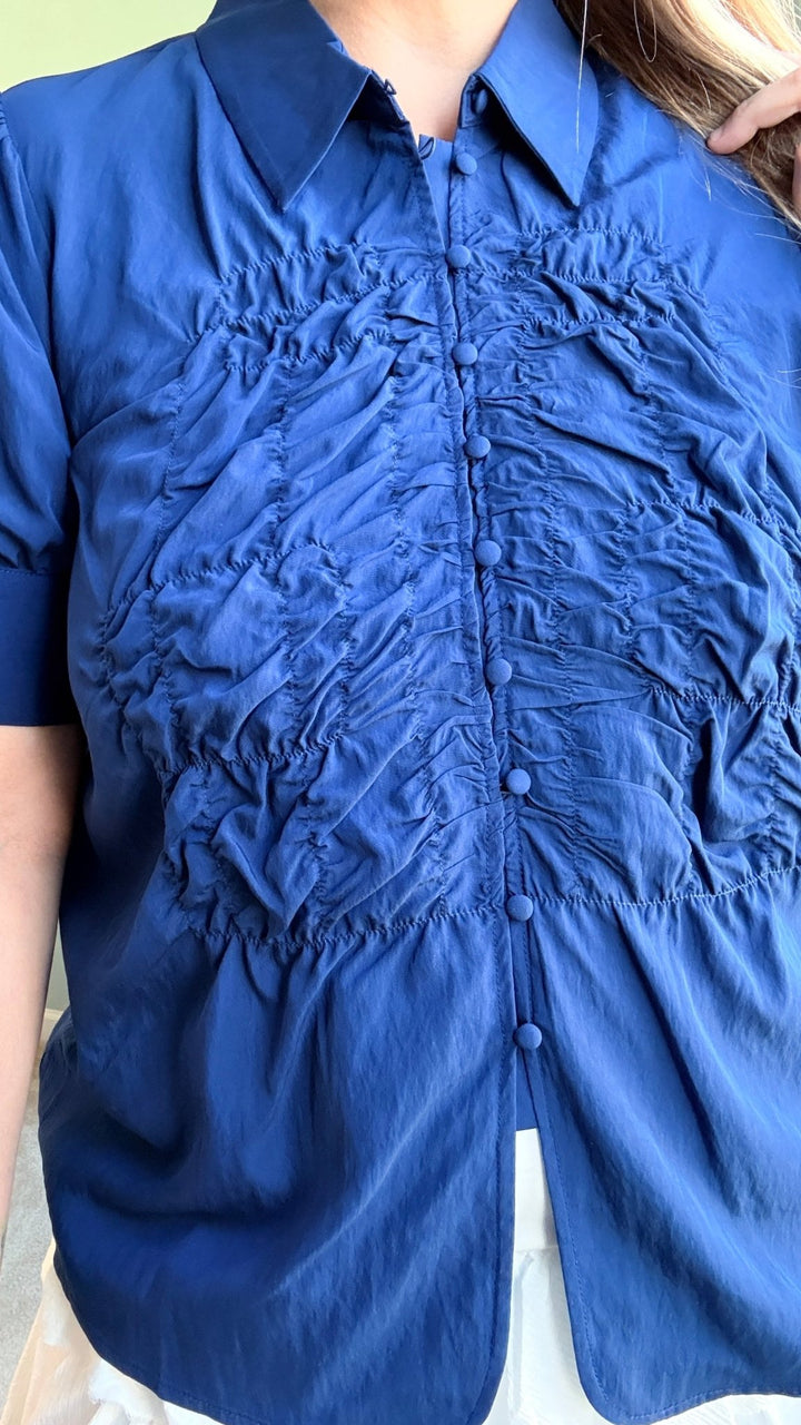 Ruched Front Button Up Blouse in Navy - 22 Palms Boutique