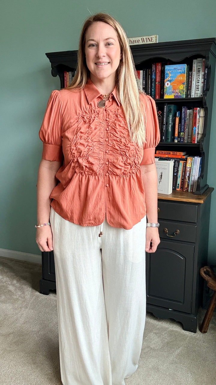 Ruched Front Button Up Blouse in Sienna - 22 Palms Boutique