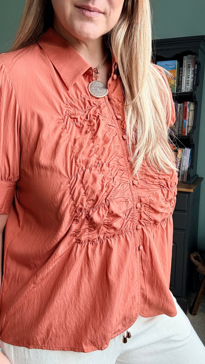 Ruched Front Button Up Blouse in Sienna - 22 Palms Boutique