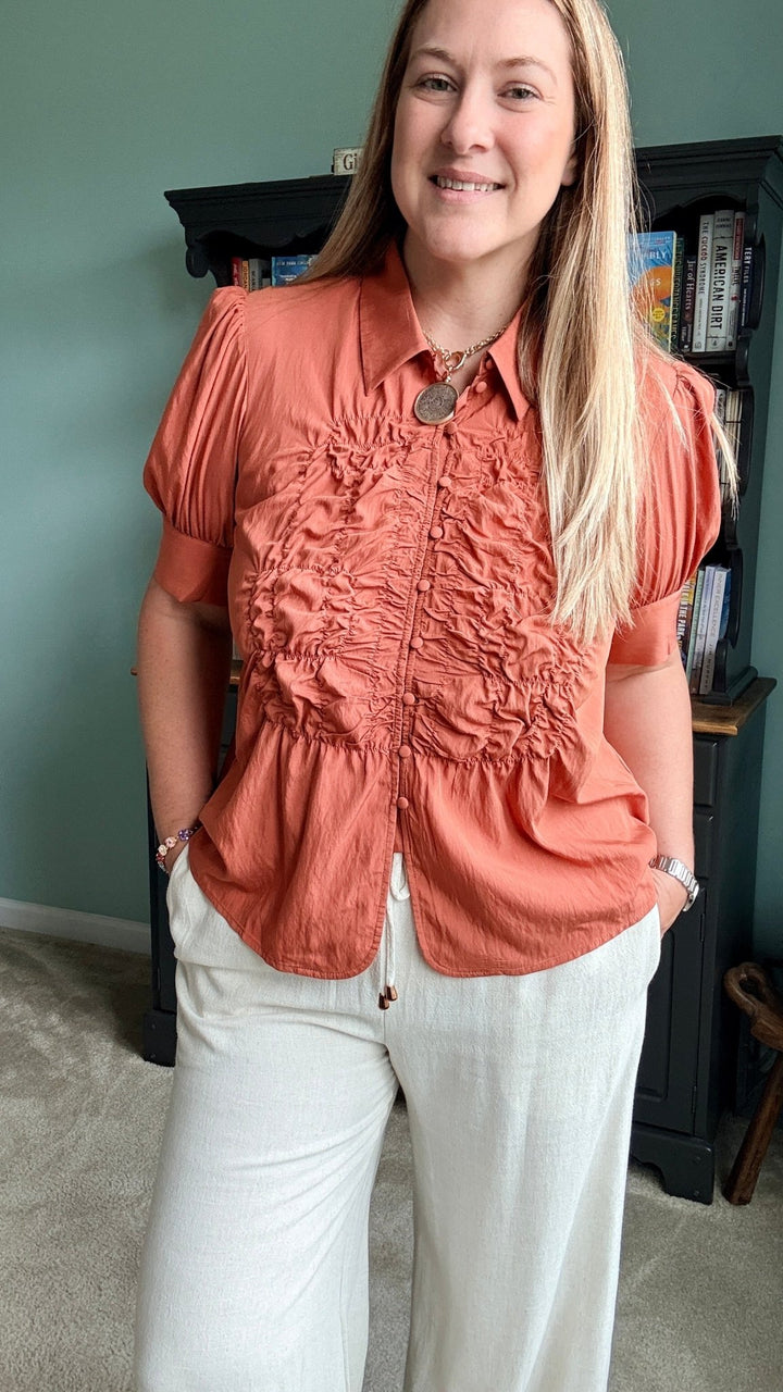 Ruched Front Button Up Blouse in Sienna - 22 Palms Boutique