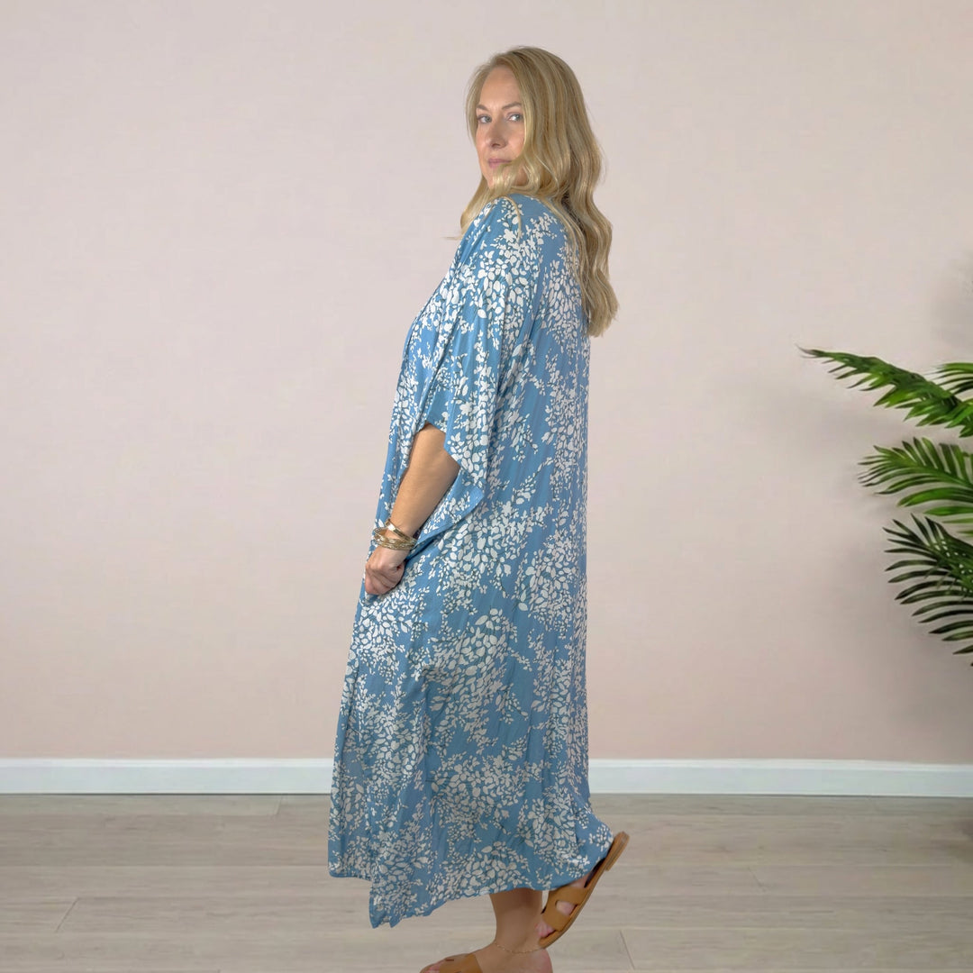 Samantha Premium Kaftan Robe with Tie in Robin Floral Blue - 22 Palms Boutique