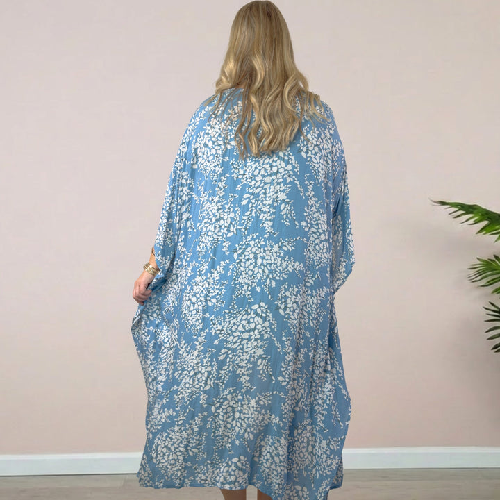 Samantha Premium Kaftan Robe with Tie in Robin Floral Blue - 22 Palms Boutique