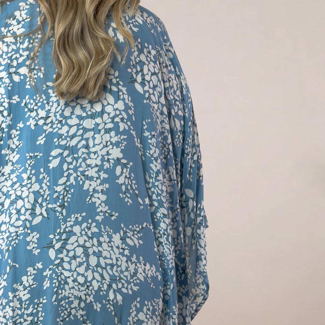 Samantha Premium Kaftan Robe with Tie in Robin Floral Blue - 22 Palms Boutique