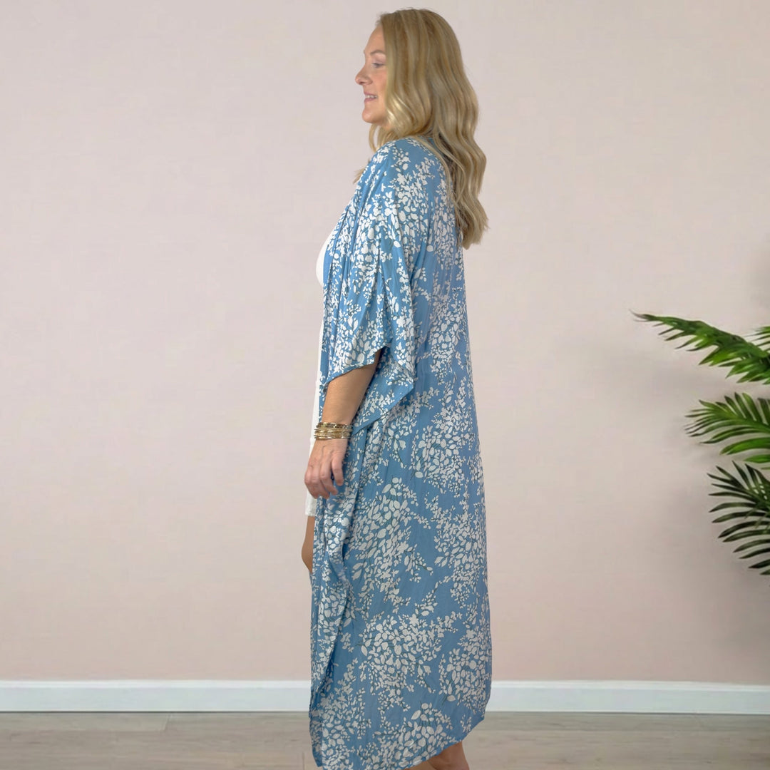 Samantha Premium Kaftan Robe with Tie in Robin Floral Blue - 22 Palms Boutique