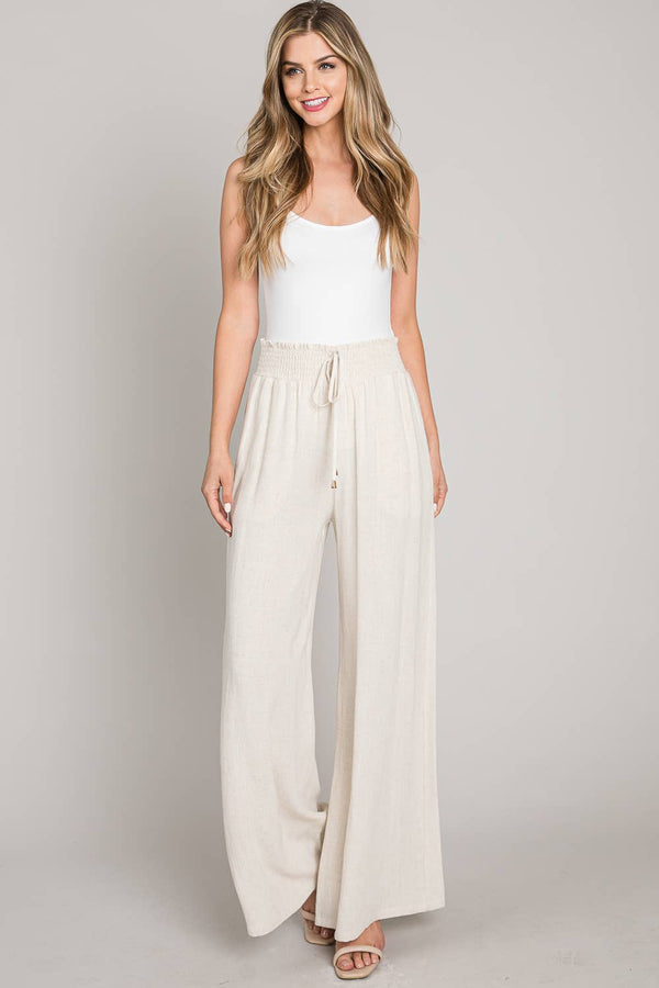 Soft Linen Smocked Waist Wide Leg Pants - 22 Palms Boutique
