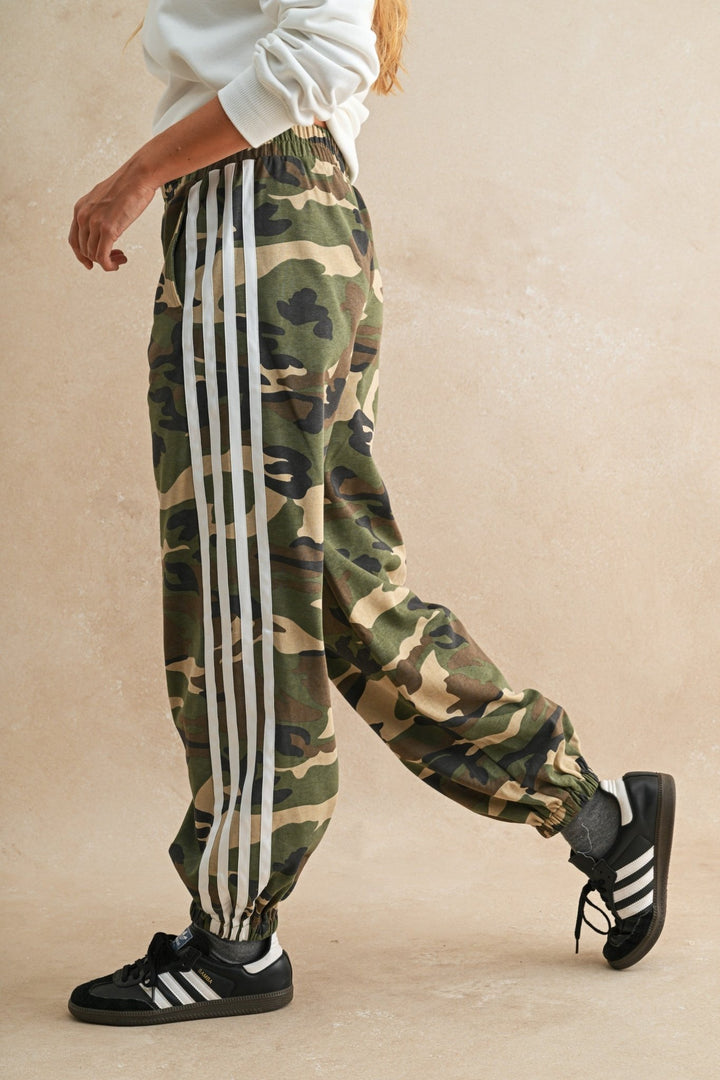 Soft Washed Vintage Camo Four Stripe Track Jogger Pants - 22 Palms Boutique