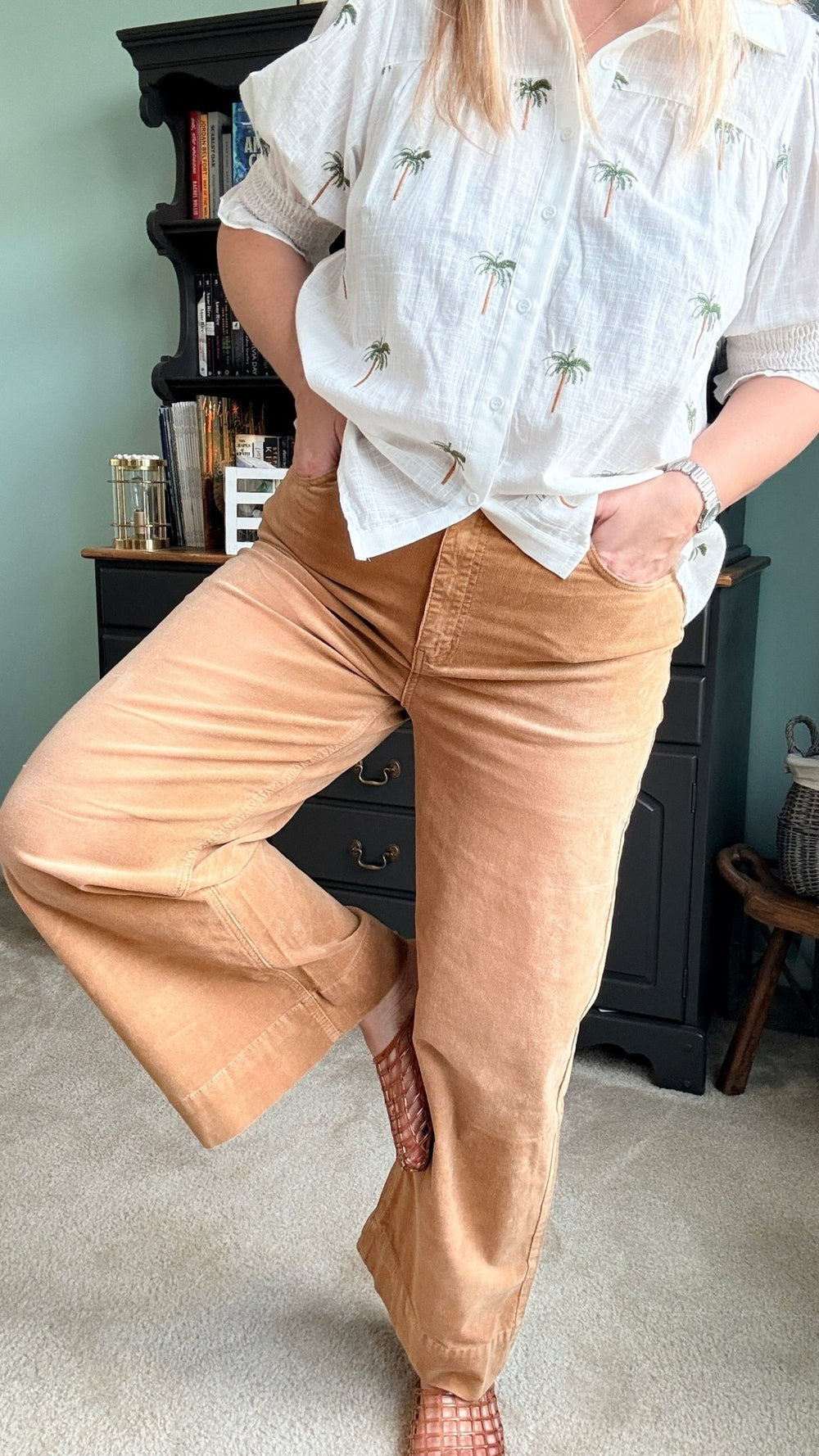 Stone Washed Cotton Corduroy Cropped Pants in Camel - 22 Palms Boutique