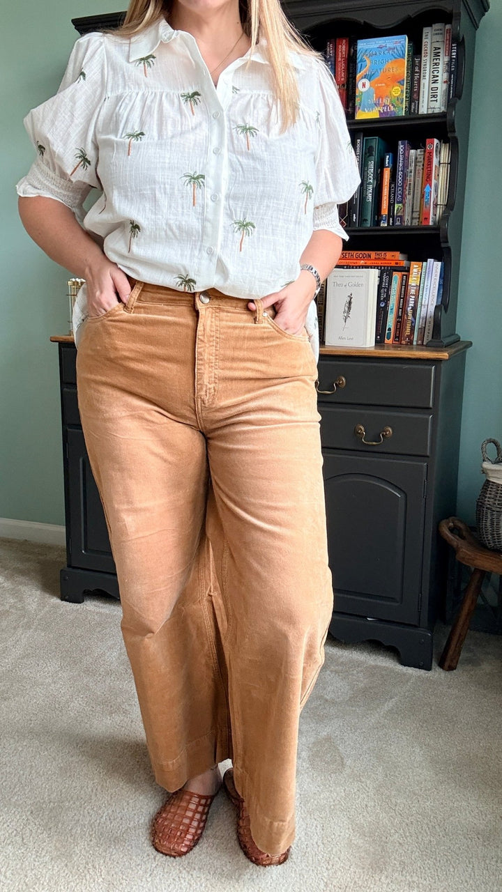 Stone Washed Cotton Corduroy Cropped Pants in Camel - 22 Palms Boutique