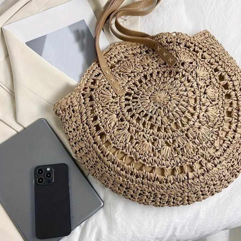 Round Crochet Knit Casual Tote Bag, Khaki