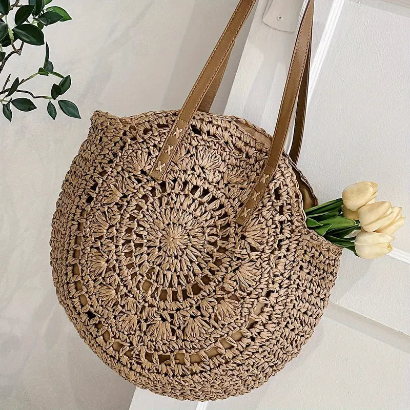 Round Crochet Knit Casual Tote Bag, Khaki