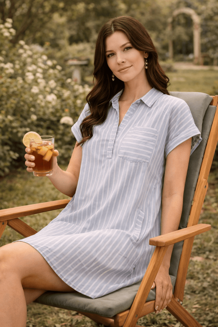 Stripe Chambray Collard Mini Dress - 22 Palms Boutique