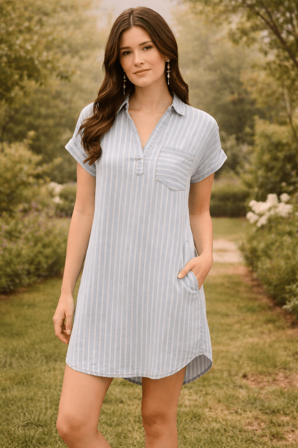 Stripe Chambray Collard Mini Dress - 22 Palms Boutique