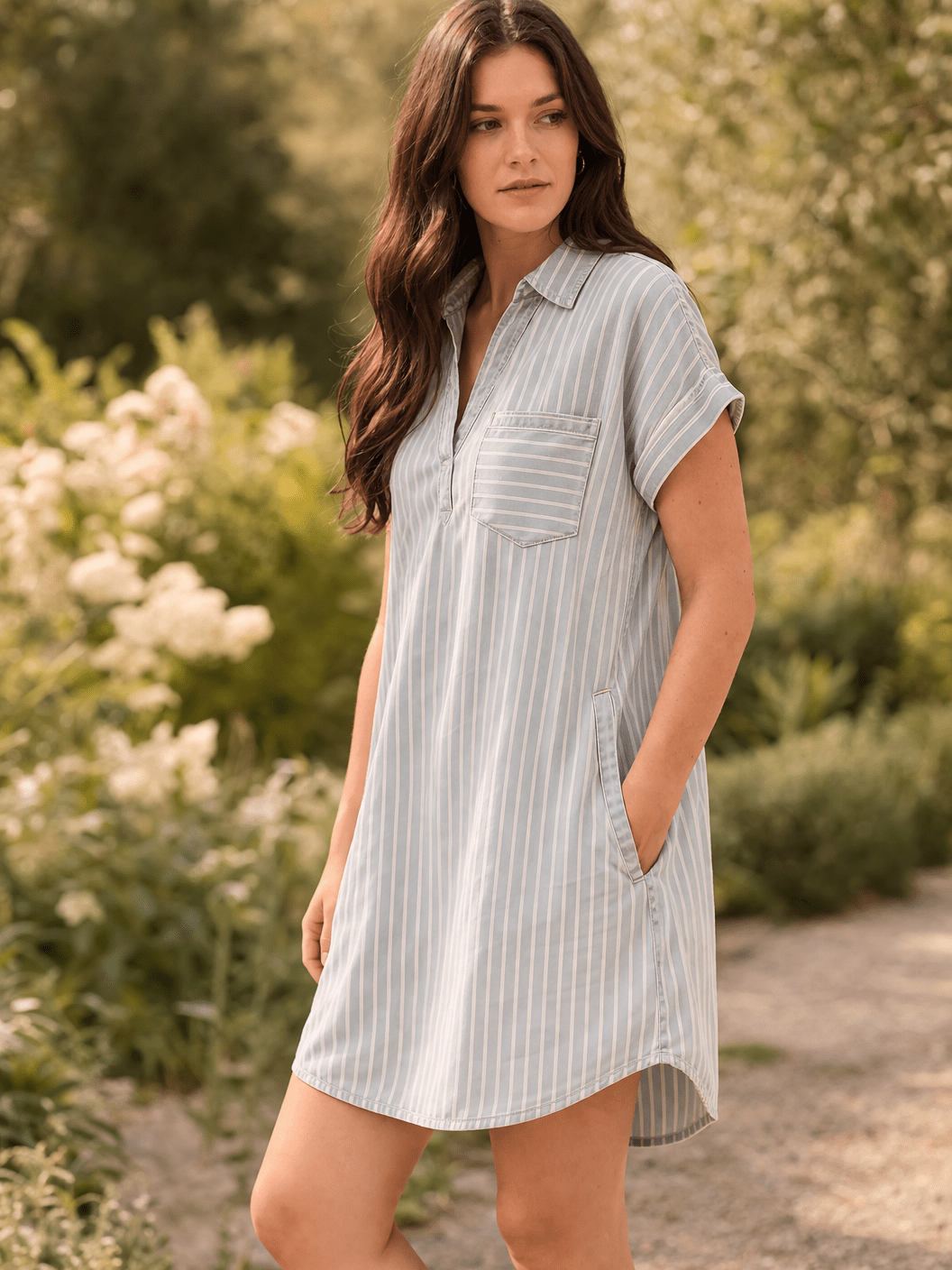 Stripe Chambray Collard Mini Dress - 22 Palms Boutique
