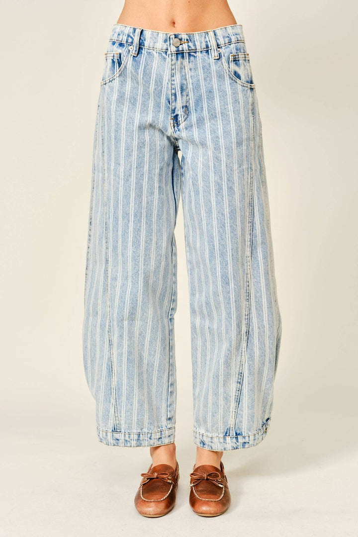 Striped Denim Barrel Vintage Wash Jean - 22 Palms Boutique