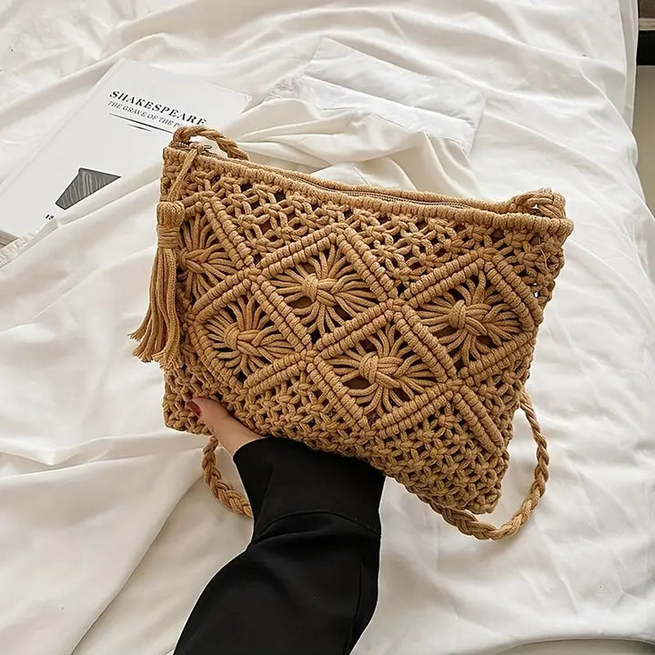 Crochet Knit Crossbody bag with Tassle, Khaki
