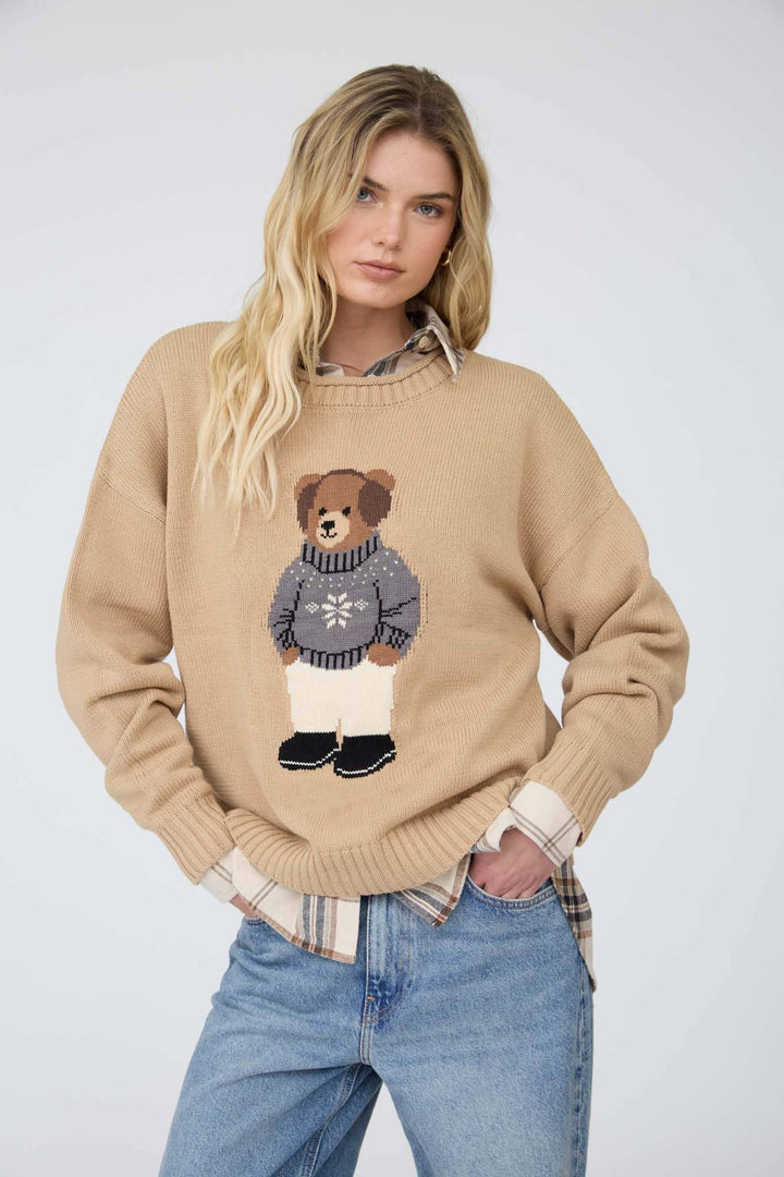 Teddy Bear Crew Neck Intarsia Knit Sweater in Khaki - 22 Palms Boutique