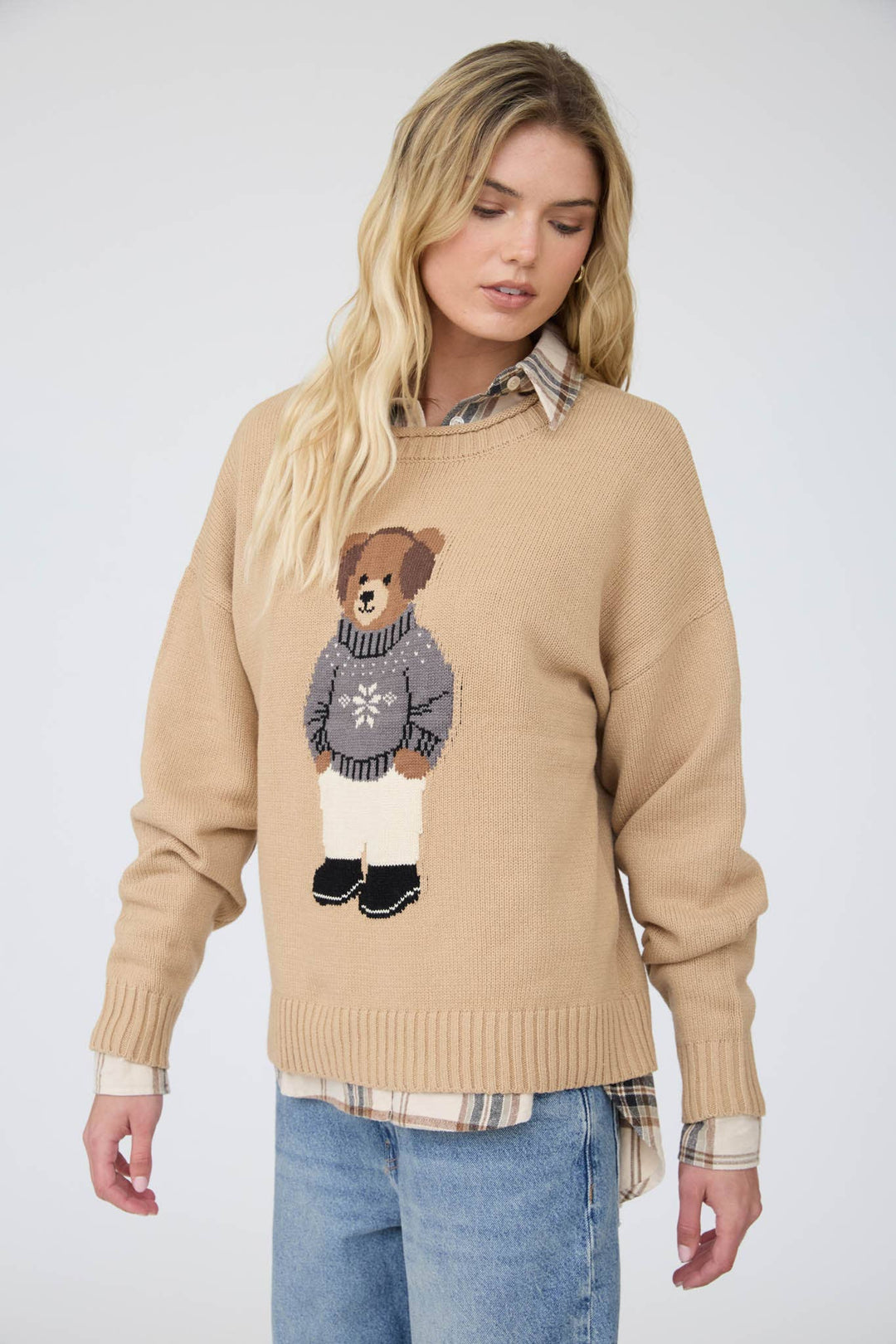 Teddy Bear Crew Neck Intarsia Knit Sweater in Khaki - 22 Palms Boutique