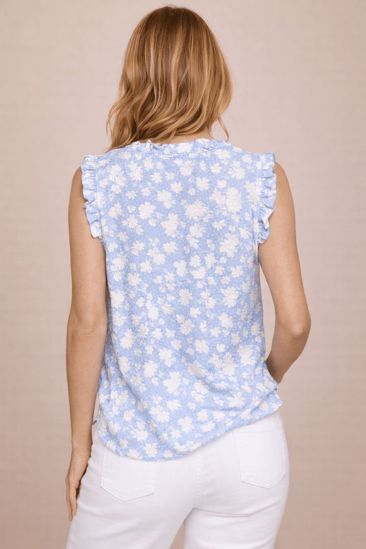 Textured Floral Ruffle Sleeveless Top - Blue - 22 Palms Boutique