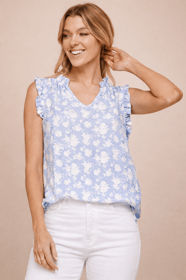 Textured Floral Ruffle Sleeveless Top - Blue - 22 Palms Boutique