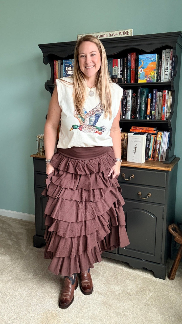 Tiers Of Delicate Ruffles Maxi Skirt in Chocolate - 22 Palms Boutique