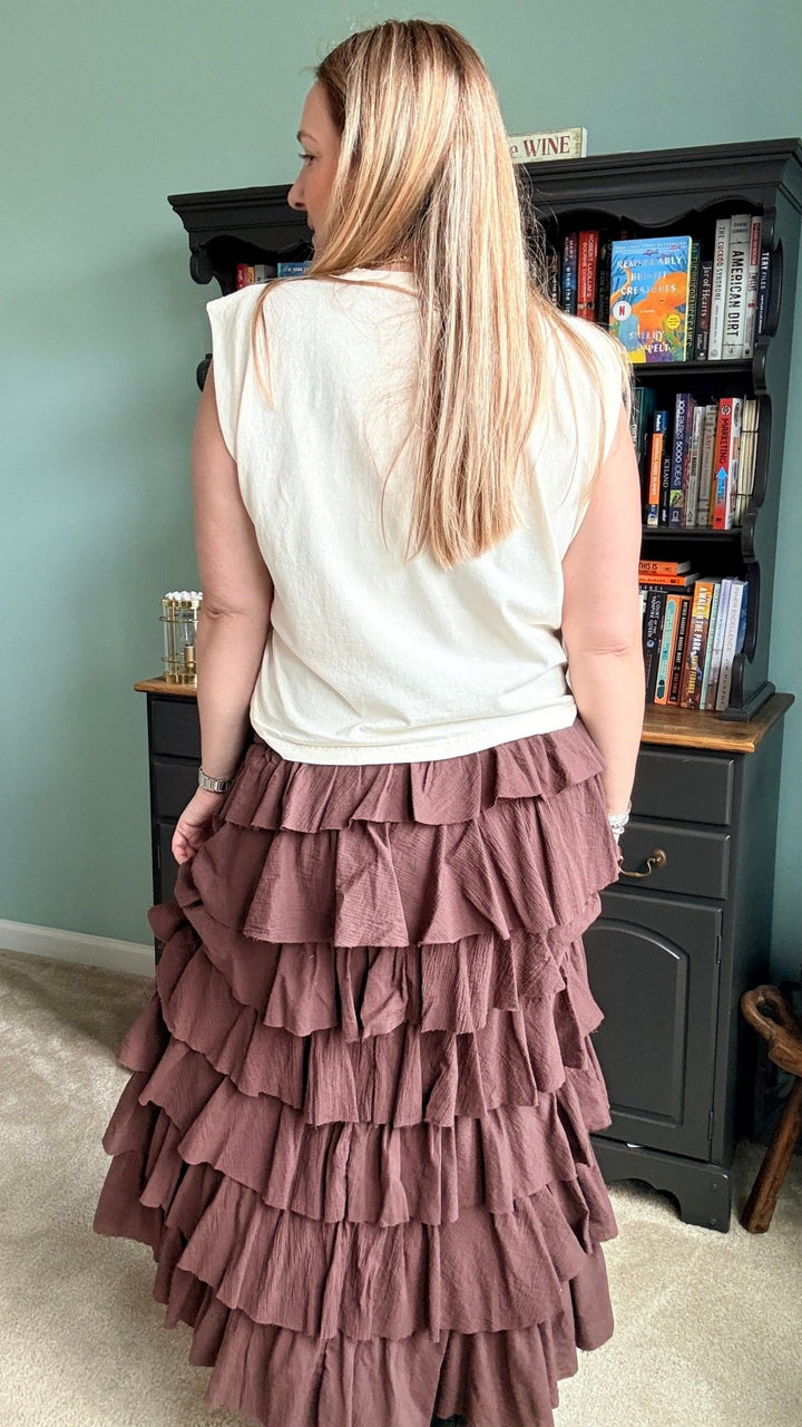Tiers Of Delicate Ruffles Maxi Skirt in Chocolate - 22 Palms Boutique
