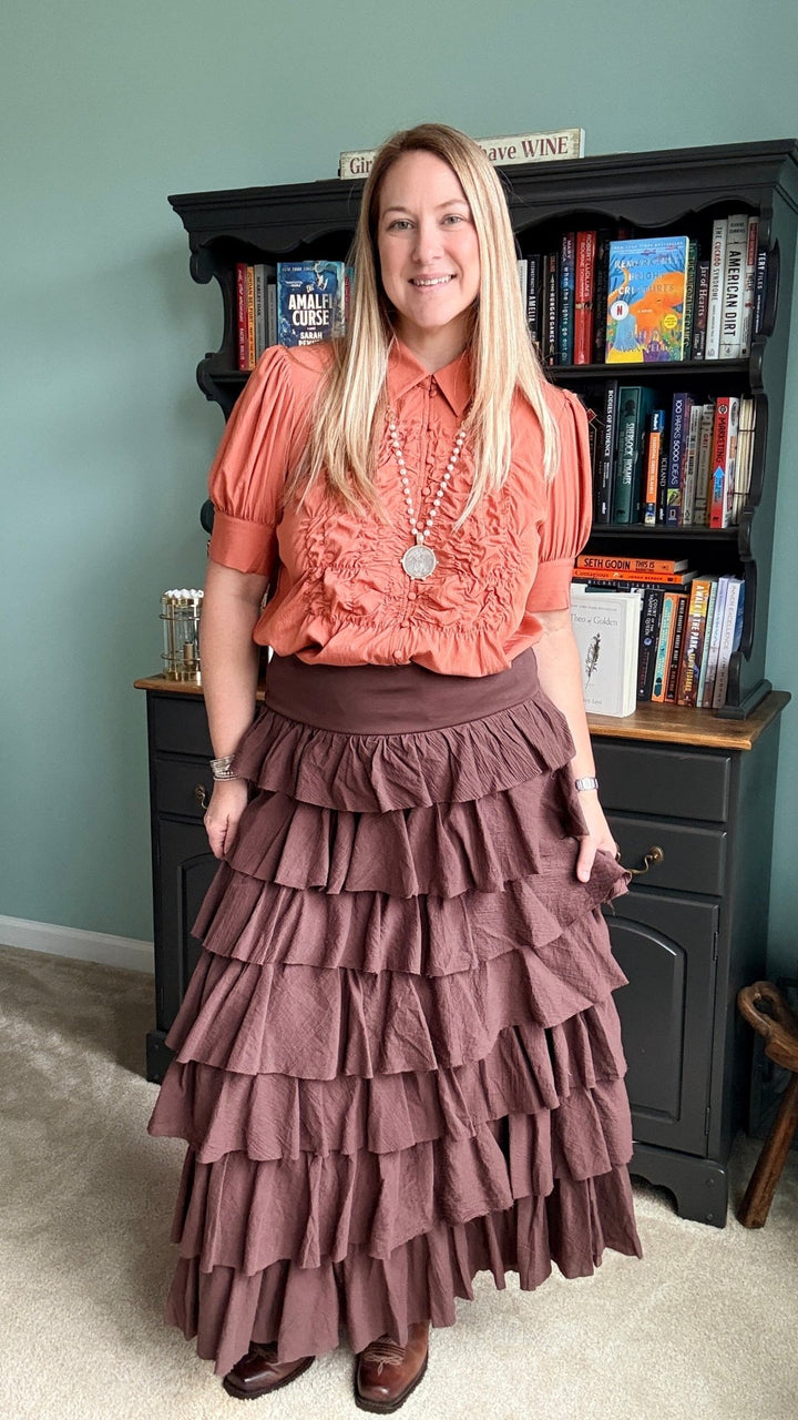 Tiers Of Delicate Ruffles Maxi Skirt in Chocolate - 22 Palms Boutique