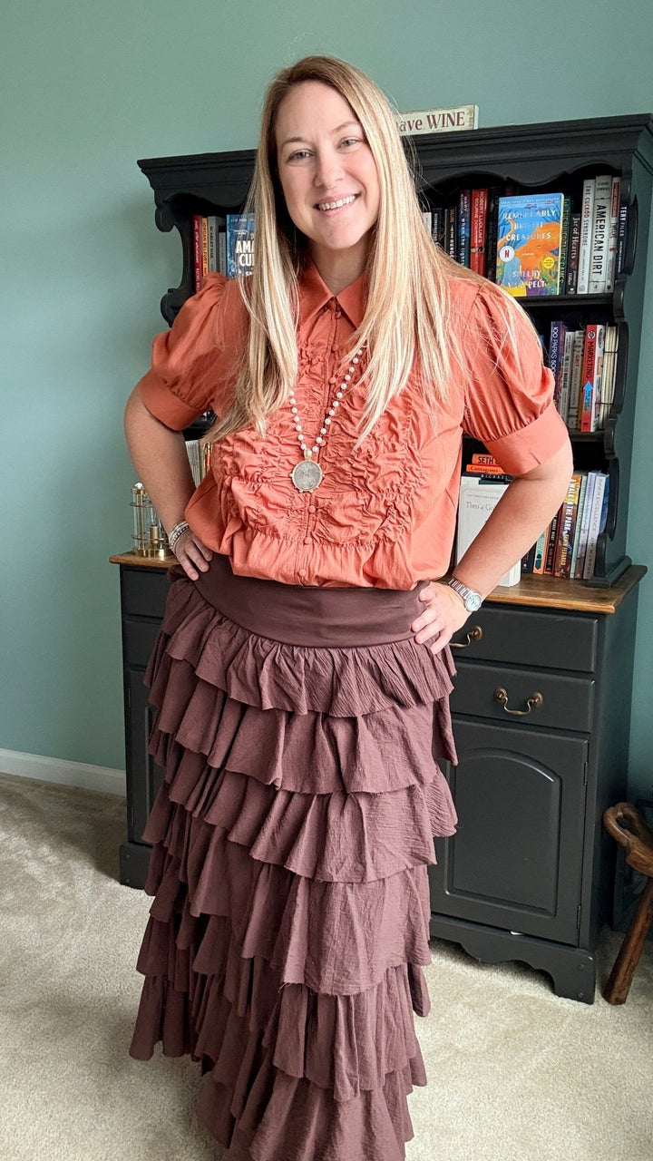 Tiers Of Delicate Ruffles Maxi Skirt in Chocolate - 22 Palms Boutique