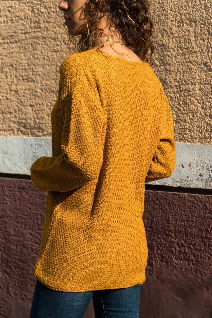 V - Neck Brass Knitted Pocket Sweater - 22 Palms Boutique