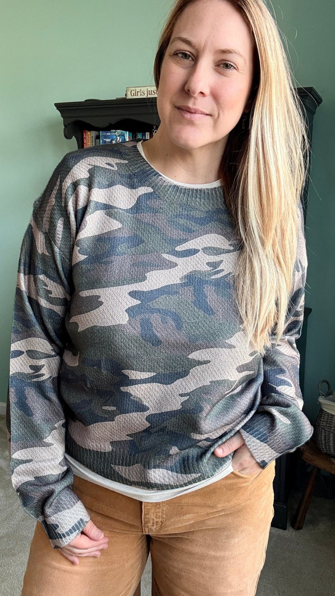 Vintage Camo Ribbon Bloom Sweater - 22 Palms Boutique