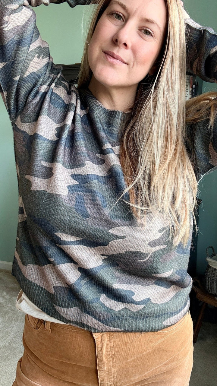 Vintage Camo Ribbon Bloom Sweater - 22 Palms Boutique