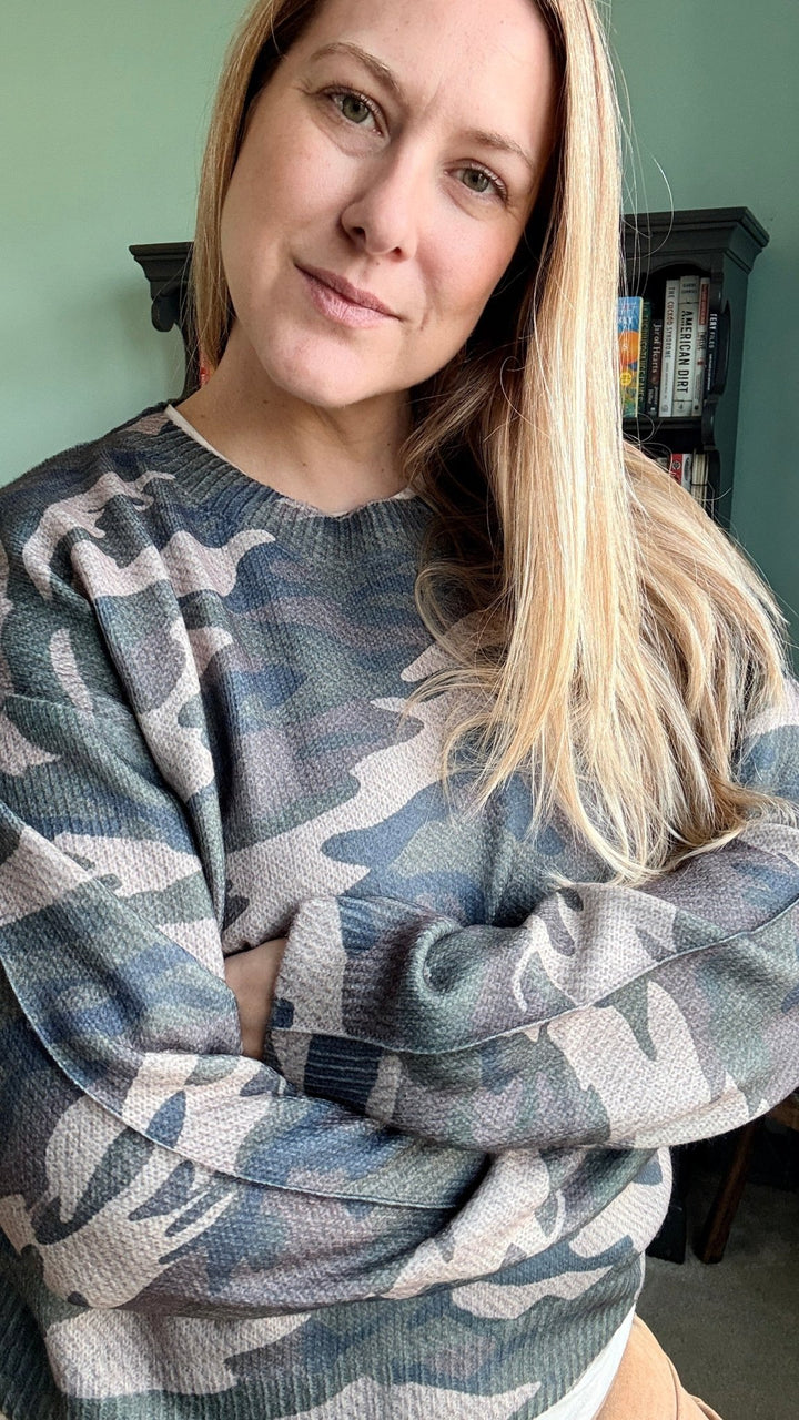 Vintage Camo Ribbon Bloom Sweater - 22 Palms Boutique