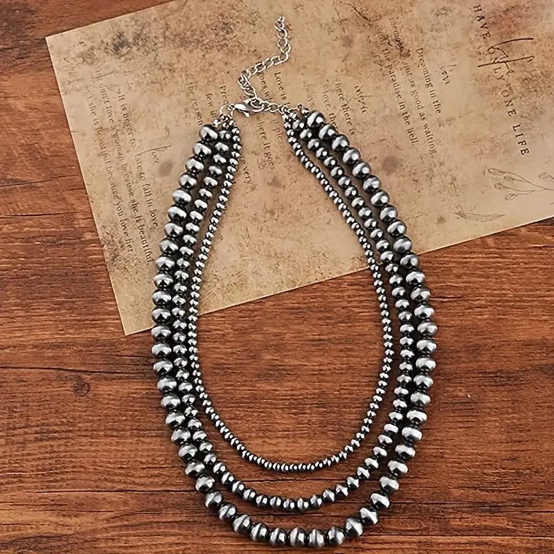 Western Denim 3-layer Navajo Pearl (faux) Necklace - 22 Palms Boutique