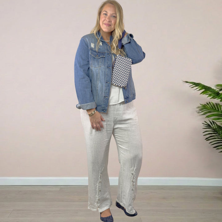 White Linen front leg button detail - 22 Palms Boutique