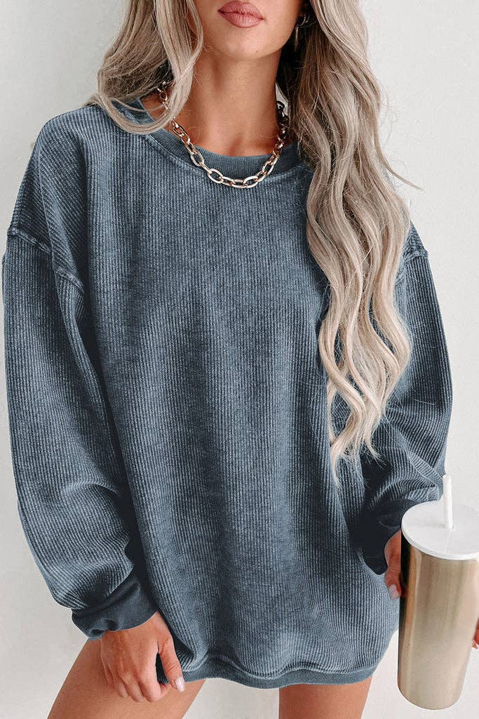 Washed Ribbed Pullover Sweatshirt - 22 Palms Boutique