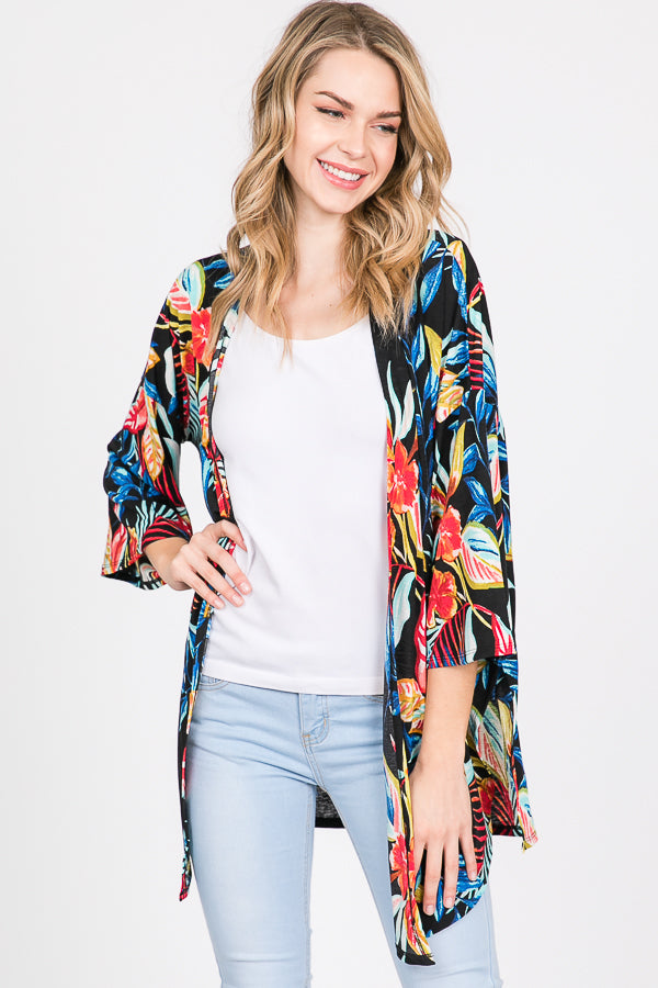Tropical floral print open cardigan with side slit