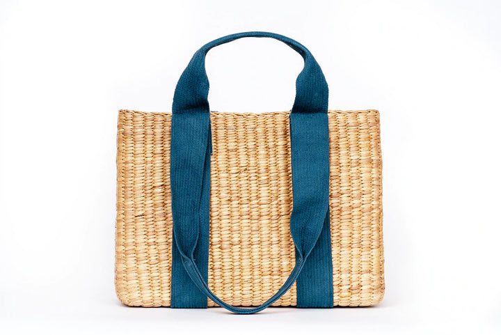 Brooks Rectangular Natural Seagrass Tote in Blue and Blush