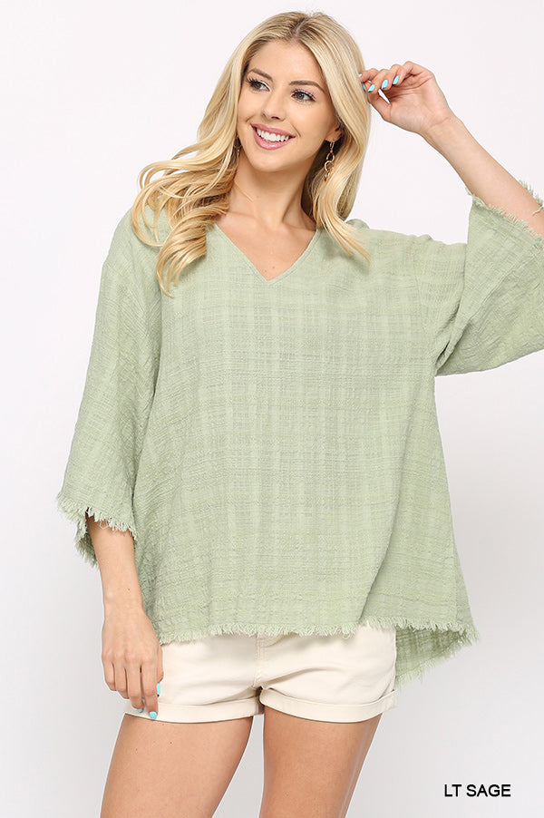 Short 3/4 Sleeve Woven V-Neck with Frayed Hem