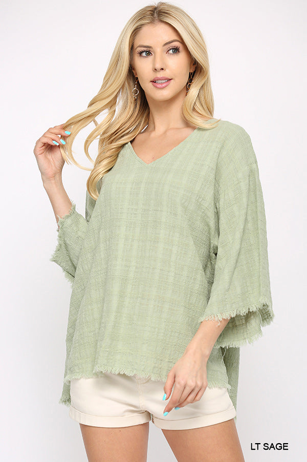 Short 3/4 Sleeve Woven V-Neck with Frayed Hem