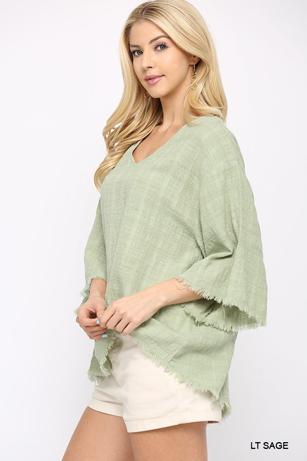 Short 3/4 Sleeve Woven V-Neck with Frayed Hem