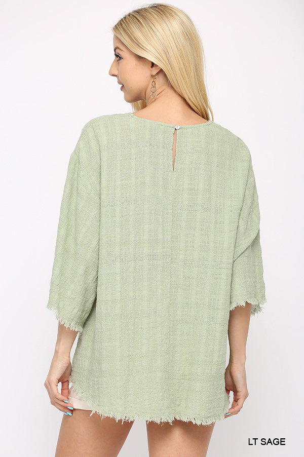 Short 3/4 Sleeve Woven V-Neck with Frayed Hem