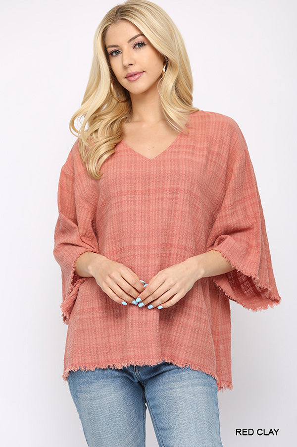 Short 3/4 Sleeve Woven V-Neck with Frayed Hem